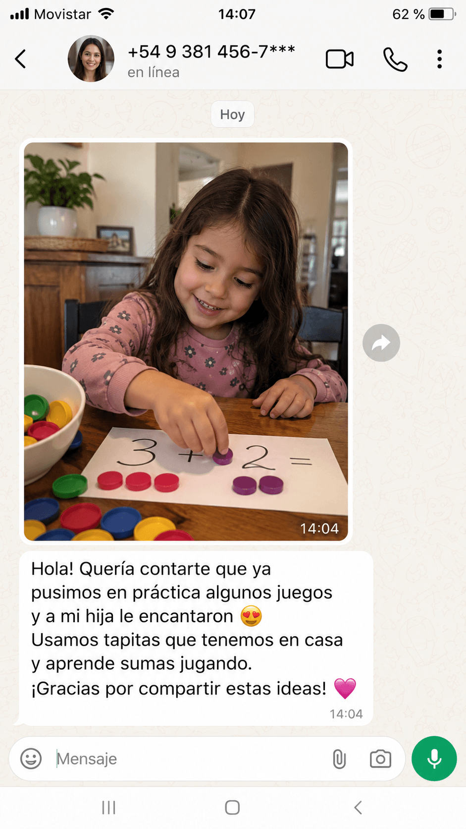 Testimonio de una madre: su hija aprende sumas jugando con tapitas de casa