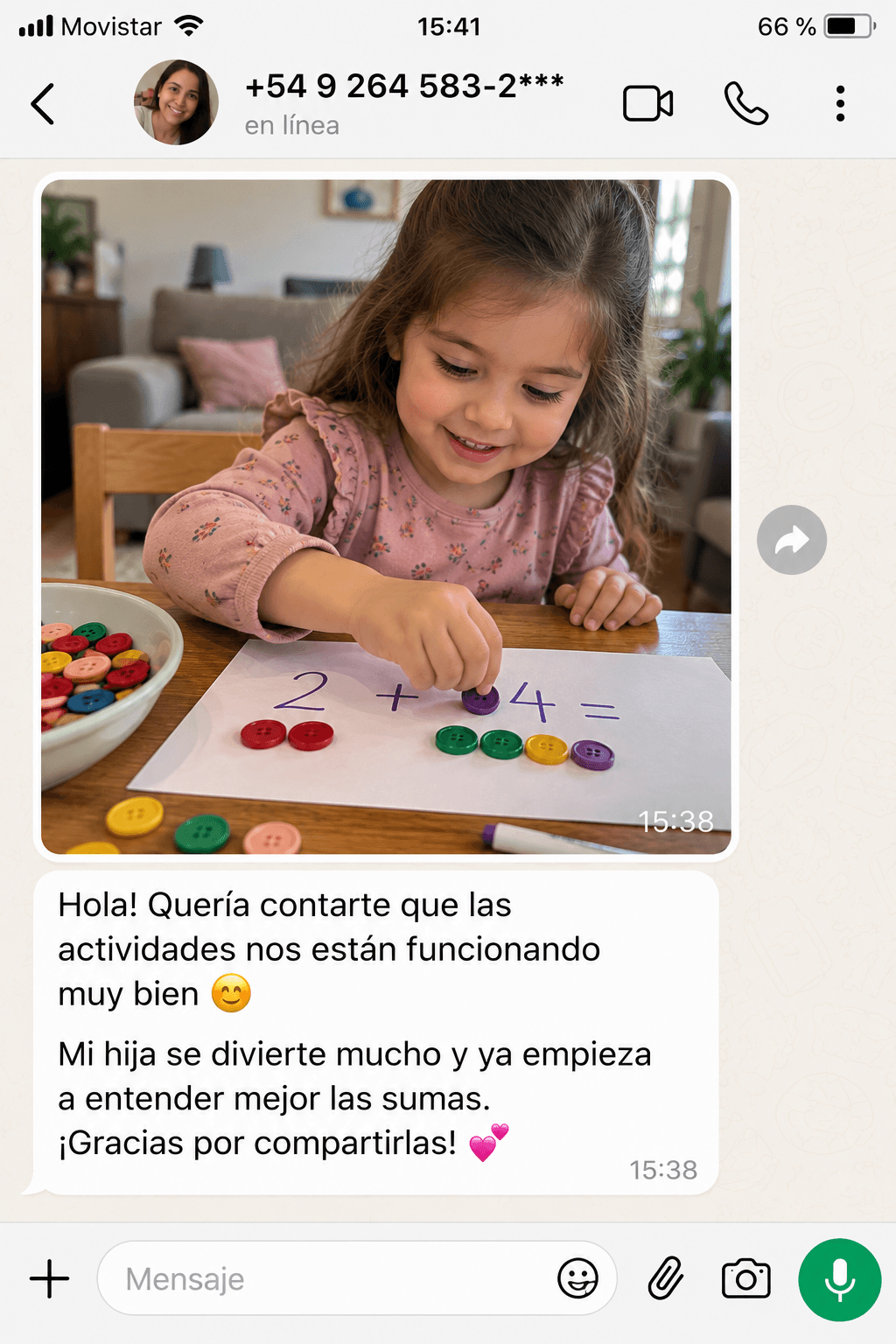 Testimonio de una madre: las actividades funcionan y su hija empieza a entender mejor las sumas