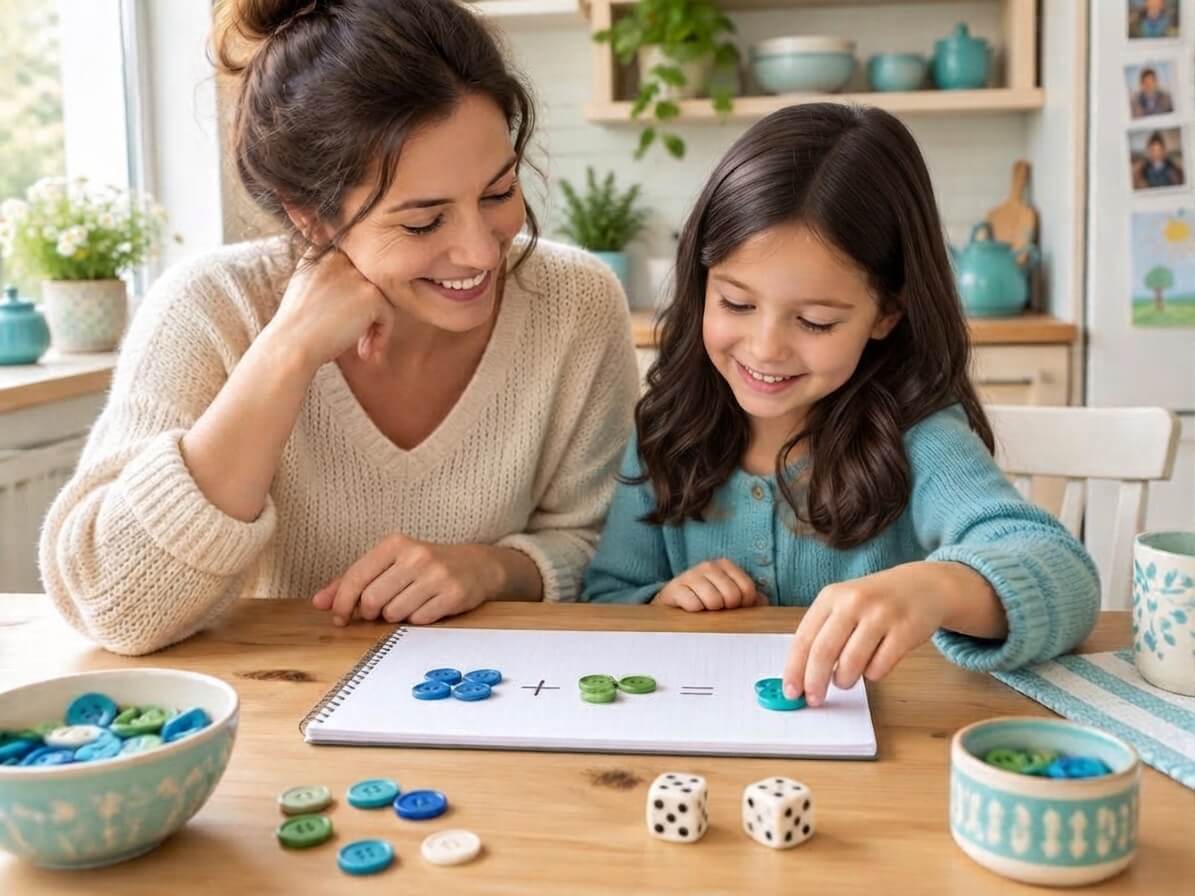 Mamá e hija aprendiendo matemáticas juntas con botones y dados