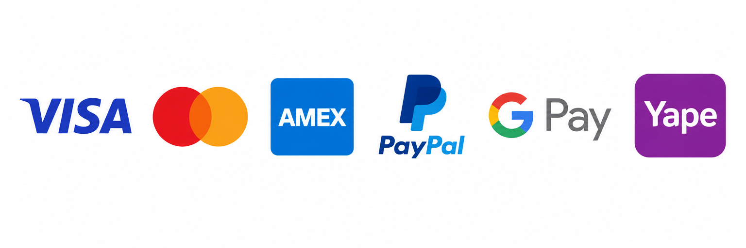 Métodos de pago disponibles: Visa, Mastercard, American Express, PayPal, Google Pay y Yape